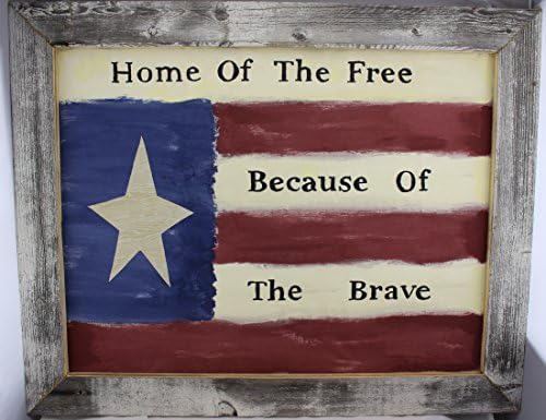 100% Authentic Weathered Barn Wood Amish Handcrafted Frame with Hand Painted Patriotic Flag on Muslin Cloth "Land of the Free and Home of the Brave". The Frame Comes with Sawtooth Hanger for Wall Mounting. All Our Frames Are Custom Made and Will Vary Slightly From the Picture Due to the Nature of the Wood. The Rustic Charm of the Natural Knots, Nail Holes and Color Variations Show Through the Wood on the Frames. Is Great As a Decoration Indoors or Outdoors. Made in the Usa!