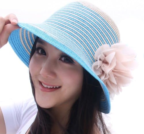 LOCOMO Women Blue Striped Flower Sun Shade Bucket Straw Hat FFH049BLU