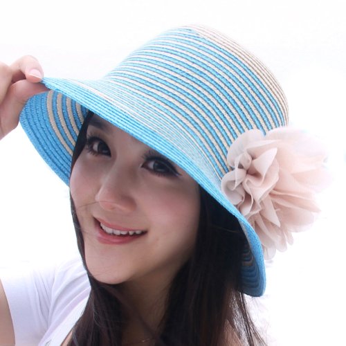 LOCOMO Women Blue Striped Flower Sun Shade Bucket Straw Hat FFH049BLU