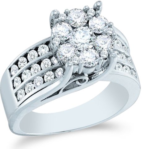 14k White Gold Diamond Engagement Wedding Right Hand Flower Shape Center Invisible Solitaire Style Center Setting Pave Set Large Round Brilliant Cut Diamond Ring 13mm (2.0 cttw, H Color, I1 Clarity)