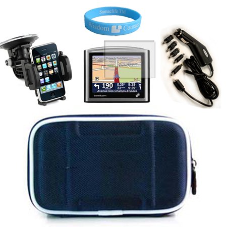 Durable Nylon Blue Carry Case for Garmin Nuvi 260W 255W 265W 205W 1690 Garmin 4.3 inch GPS + Screen Protector + Car Charger + Car Mount + Wristband