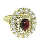 9ct Yellow Gold Ladies Garnet Seed Pearl Ring Size V Finger Sizes L To Z Available
