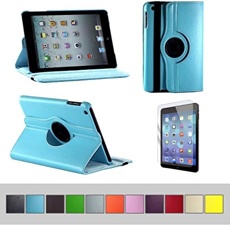 BTM Apple iPad Mini 1 2 & 3 7.9 Retina Display Rotating 360 Leather Case Cover w/ Elastic Strap | FREE Screen Protector + Stylus | Cute For The Girly Girl | Protective Durable Designer Hard Shell Case Stand - Blue