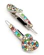 2 Silvertone Multi Colored Rhinestone Heart Metal Snap Hair Barette Clips