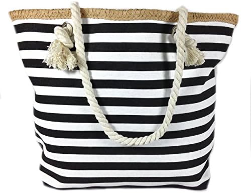 Banded Striped Beach Town Tote Bag with Rope Handles (Black and White)