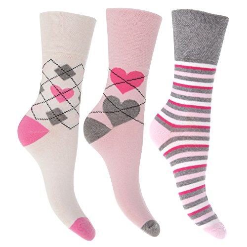 Womens/Ladies Cotton Rich Patterned Casual Socks with Non Elastic Tops (Pack of 3)