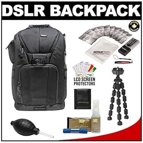Vivitar Series One Digital SLR Camera/Laptop Sling Backpack - Small (Black) Holds Most 14' Laptops with 10 Spider Tripod + Camera & Laptop Cleaning Kits for Nikon D3100, D3200, D5000, D5100, D7000, D700, D800, D4 Digital SLR Cameras