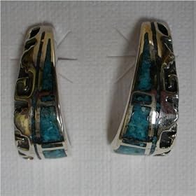Quarter Moon Sterling Silver Earrings with Chip Inlay Turquoise