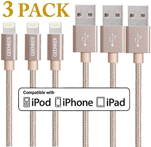 iPhone Charger, GEENKER 3Pack 3ft Lightning Cable 8pin Durable Nylon Braided USB Cable Syncing and Charging Cord for iPhone 6/6s/6 plus/6s plus, 5c/5s/5, iPad Air/Mini,iPod Nano/Touch(Gold)