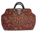 ArtisanStreet's Green Motif Chenille Carpet Bag with Shoulder Strap. Features Green Against Soft Red Brown. Limited Edition. Use as an Overnight Bag or Even as a Briefcase.