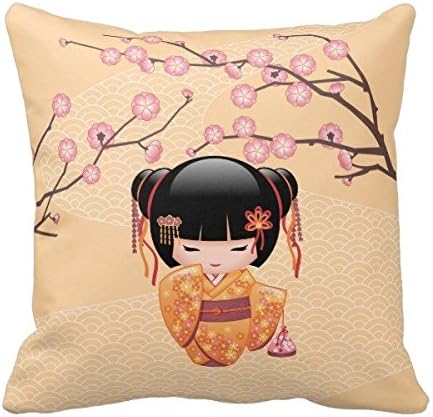 DecorModern Ume Kokeshi Doll - Japanese Peach Geisha Girl Throw Pillow Case Cushion Cover