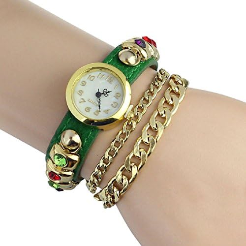 Tonsee(TM) 1PC Leather Bracelet Woman Rhinestone Bracelet Quartz WristWatch (Green)
