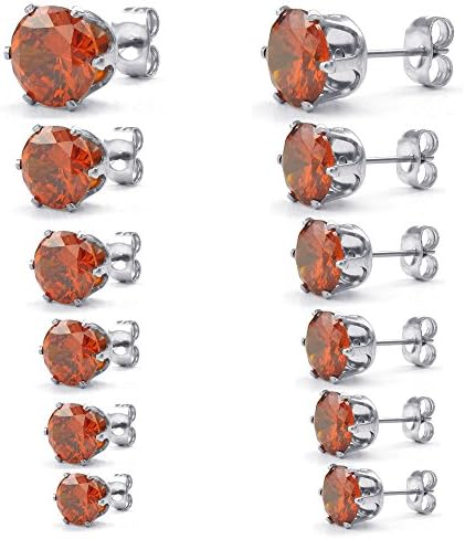 [PW] Womens Cubic Zirconia Stainless Steel Round Stud Earring set 3-8mm 6 Pairs Red