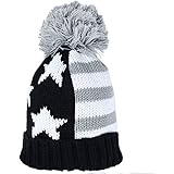 OOOUSE Patriotic Knit Beanie Stripes Flag Crochet Pom Pom Hat,Black&Grey