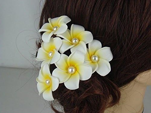 6 pcs Small White Hawaiian Plumeria Pearl Flower Foam Hair Clip U Pin (USA Seller)