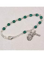 May Birthstone, Sterling Silver 5 1/2" Emerald Green Baby Bracelet, Infant Jewlery, Girls Rosary Bracelet, Crucifix Cross & Miraculous (St. Mary) Charms