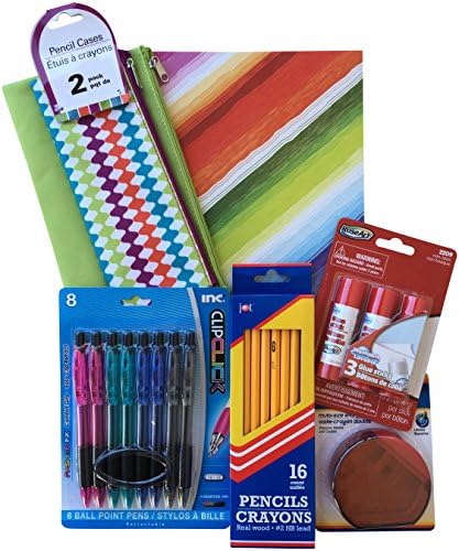 Back to School Supplies, Variety Pack, Notebook, Pens, Pencils, Glue Sticks, 2 Pen Cases, Pencil/Crayon Sharpener, 7 Pieces