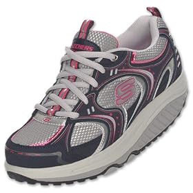Buy SKECHERS Ladies Shape-ups Action Packed Walking Shoe, Navy White Silver Pink by Skechers