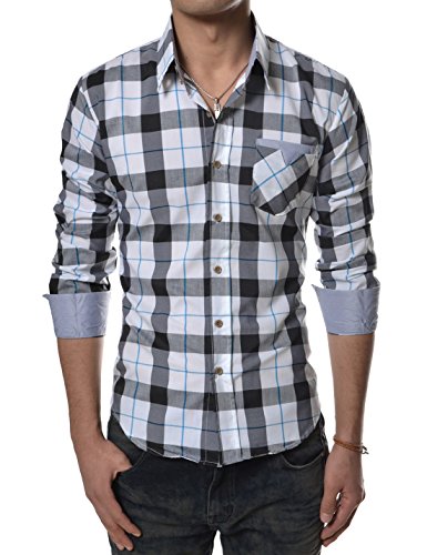 (CHS5) TheLees Mens Casual Long Sleeve Stripe Patch Checker Shirts BLUE US L(Tag size 2XL)