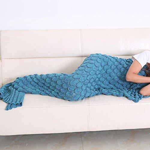 Mermaid Tail Blanket Knit Crochet with Scale OKAYSHOP for Adult Super Soft Mermaid Blanket Bedroom Sofa Warm Sleeping Bags(71"x 35") (Scales-Lake Blue)