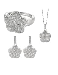 BRI Jewelry Sterling Silver 5 Leaf Flower Shape With Clear Micropave Cubic Zirconia Set - Pendant - Dangle Earring - Ring Size 7