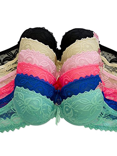 MaMia Women's 6 Push Up Bras Lot Solid Colors Lace