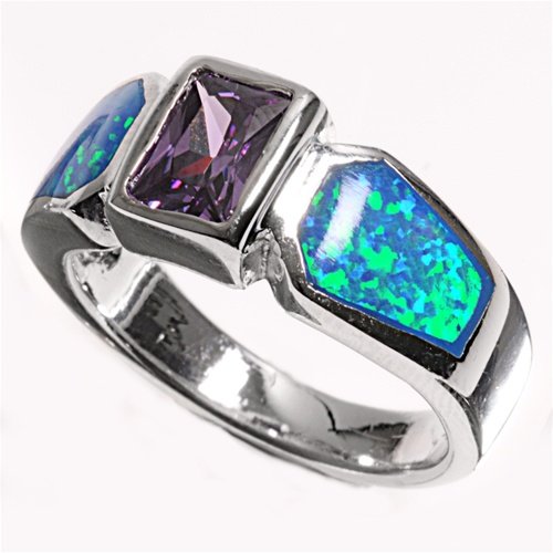 Sterling Silver 8mm Amethyst & Blue Lab Opal Ring (Size 6- 9)