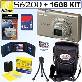 Nikon Coolpix S6200 16 MP Digital Camera (Silver) + 16GB Accessory Kit