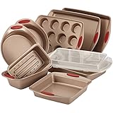 Rachael Ray 10-Piece Cucina Nonstick Bakeware Set, Latte Brown with Cranberry Red Handle