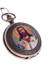 Jesus Christ Pocket Watch Quartz With Chain Full Hunter Bronze Case Arabic Numerals PW-49