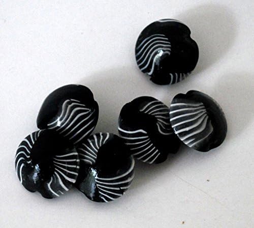 6 Black and White Polymer Clay Beads Handmade Lentil Shape