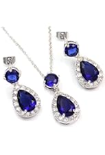 FC White Gold GP Blue Swarovski Elements Crystal CZ Teardrop Bridal Necklace Earring Jewelry Set