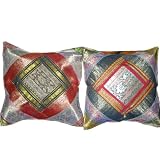 2 Red Blue Vintage Silk Sari Toss Pillow Cushion Coversby Mogulinterior