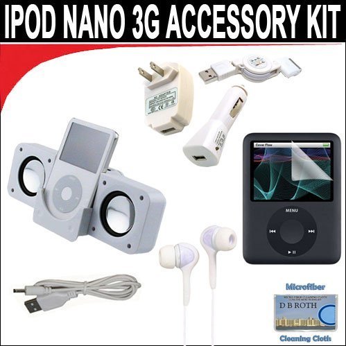 8 pc. Accessory kit for iPod Nano 3G. Includes White portable stereo speaker w/cable 3-in-1 iPod charging kit (1000mAH) White Mini soft Earbuds Reusable Pre-Cut Screen Protector and a DBROTH Microfiber Cleaning Cloth