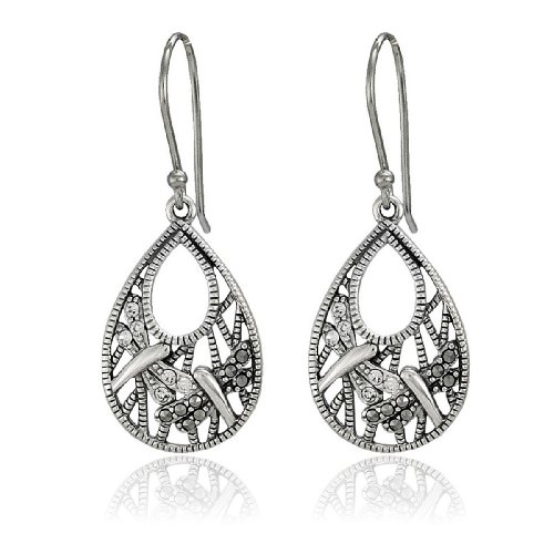 Sterling Silver Marcasite and Crystal Dragonfly Wire Earrings