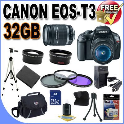 Canon EOS Rebel T3 12.2 MP CMOS Digital SLR with 18-55mm IS II Lens (Black)+58mm 2x Telephoto lens + 58mm Wide Angle Lens (3 Lens Kit!!!) W/32GB SDHC Memory +Extra Battery/Charger+3 PIece Filter Kit+Case+Full Size Tripod+Accessory Kit
