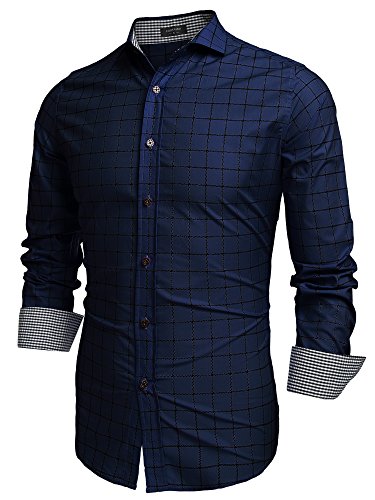 Coofandy Men's Fashion Long Sleeve Plaid Button Down Casual Shirts (Large, Blue)