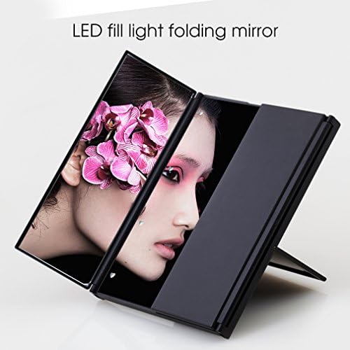 Makeup Mirror with 8 dimmable LED Lights Tri-Fold Lighted Led Mirror Portable Powerful Travel Mirror Compact With(Black)