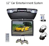 Car 12 Entertainment System, 12 Flip Down TFT Monitor with Built-in DVD player and Games. Features Built-in Stereo Speakers, FM and IR Transmission. Includes 2 Wireless Headphones and 2 Game Controllers