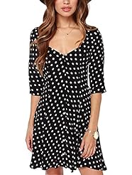 Floral Print Dots Print Round Neck Cutout Elbow Length Sleeves Polyester Midi Dress 