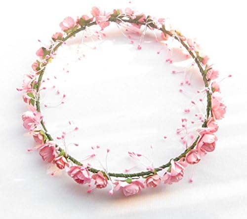 Hawaii White floral crown Artificial paper rose flower headbands with bud Woondland roses headpiece (Pink)