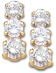 14K Yellow Gold Three-Stone Diamond Earrings - 0.90 Ct. Total Weight -- LIFETIME WARRANTY