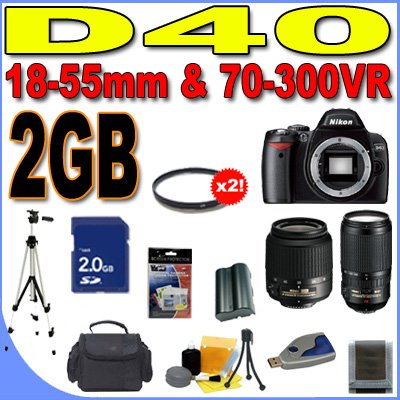 Nikon D40 6.1MP Digital SLR Camera with Nikon 18-55mm f/3.5-5.6 ED II AF-S DX Zoom-Nikkor Lens Kit and Nikon 70-300mm f/4.5-5.6G VR AF-S IF-ED Zoom-Nikkor Lens PLUS 2GB SD Memory Card - Extra Lithium Ion Battery - TWO Ultraviolet UV Filters - Full Size Tripod - D40 (25420) BigVALUEInc Accessory 2-Lens Saver Bundle + MORE!