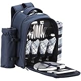 VonShef - 4 Person Blue Tartan Picnic Backpack With Cooler Compartment, Detachable Bottle/Wine Holder, Fleece Blanket, Flatware and Plates