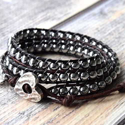 Silver Beaded Leather Wrap Bracelet