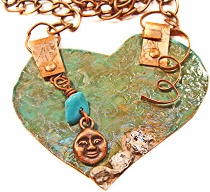 Copper Heart with Green Patina, Turquoise and Antique Copper Sun Bead Necklace