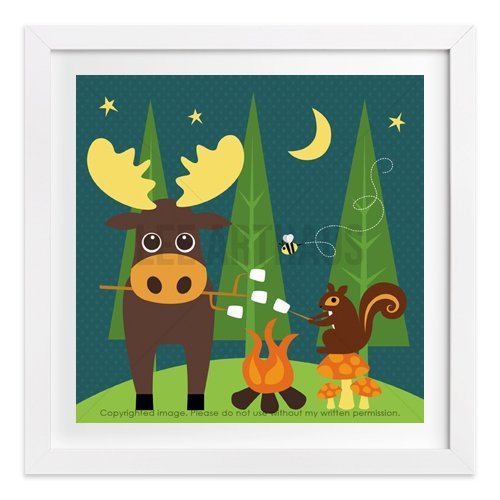 216 - Moose and Squirrel Camping Owl Wall Art Print by Lee ArtHaus - One UNFRAMED Print