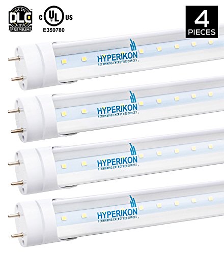 Hyperikon T8 T10 T12 LED Light Tube, 4FT, Dual-End Powered, Easy Ballast Removal Installation, 18W (48W equivalent), 2310 Lumens, 5000K (Crystal White Glow), Clear Cover, DLC & UL – (Pack of 4)