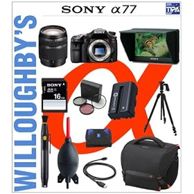 Sony Alpha SLT-A77 24.3 MP Digital SLR Camera Body with Sony SAL-18200 18-200mm f/3.5-6.3 DT Aspherical Autofocus Lens. + Sony CLM-V55 5 External LCD Monitor for Alpha Cameras + Sony 16GB Memory Card + Sony Deluxe Camera Bag + Extra Sony NPFM500H Battery + Extra Sony BCTRM Charger + Sunpak PRO 523P