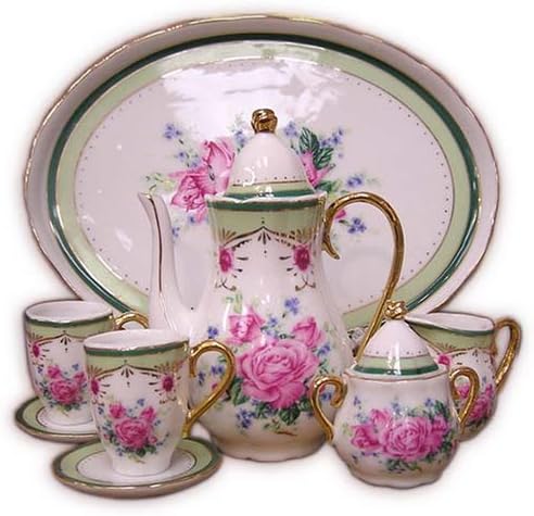 Pink Roses Miniature China Tea Set with Green Border